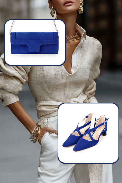 Dress heels closed-back crossed straps in electric blue leather with kitten heels and tapered toe - Worn view